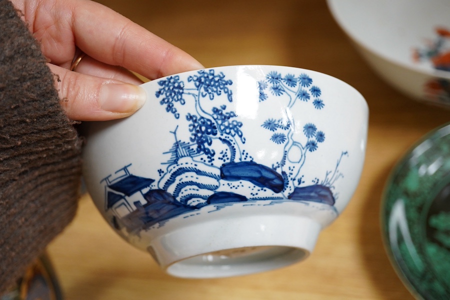 Chinese porcelain to include a famille noire dish and Imari bowl together with an 18th century English blue and white slop bowl, largest 27cm in diameter. Condition - varies